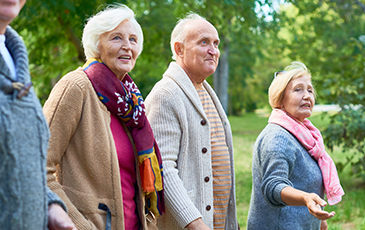 A group of elderly people walking in the park