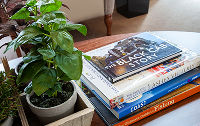 A stack of books next to a house plant