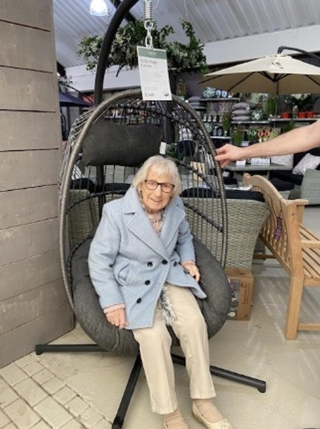 Resident in an egg chair at the garden centre